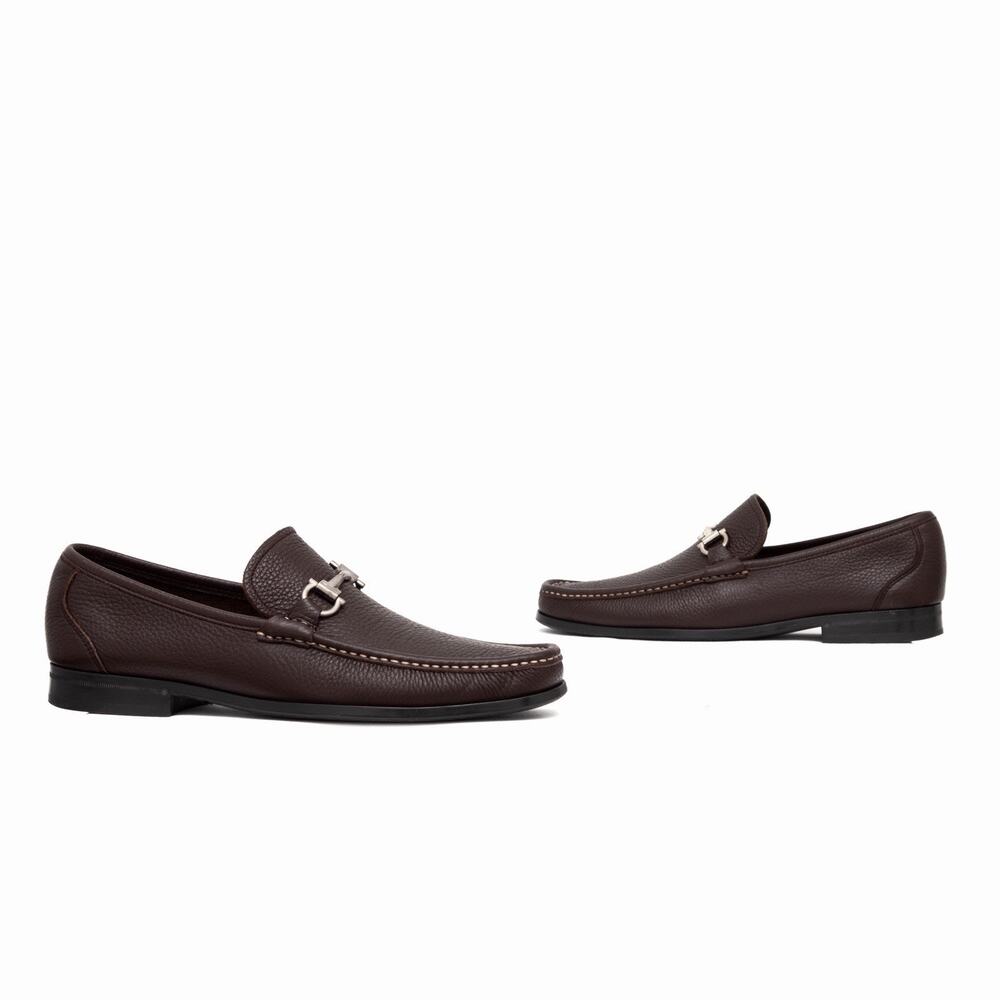 950$ SALVATORE FERRAGAMO Brown Magnifico Gancini Loafer Pebbled Leather US 9.5D
